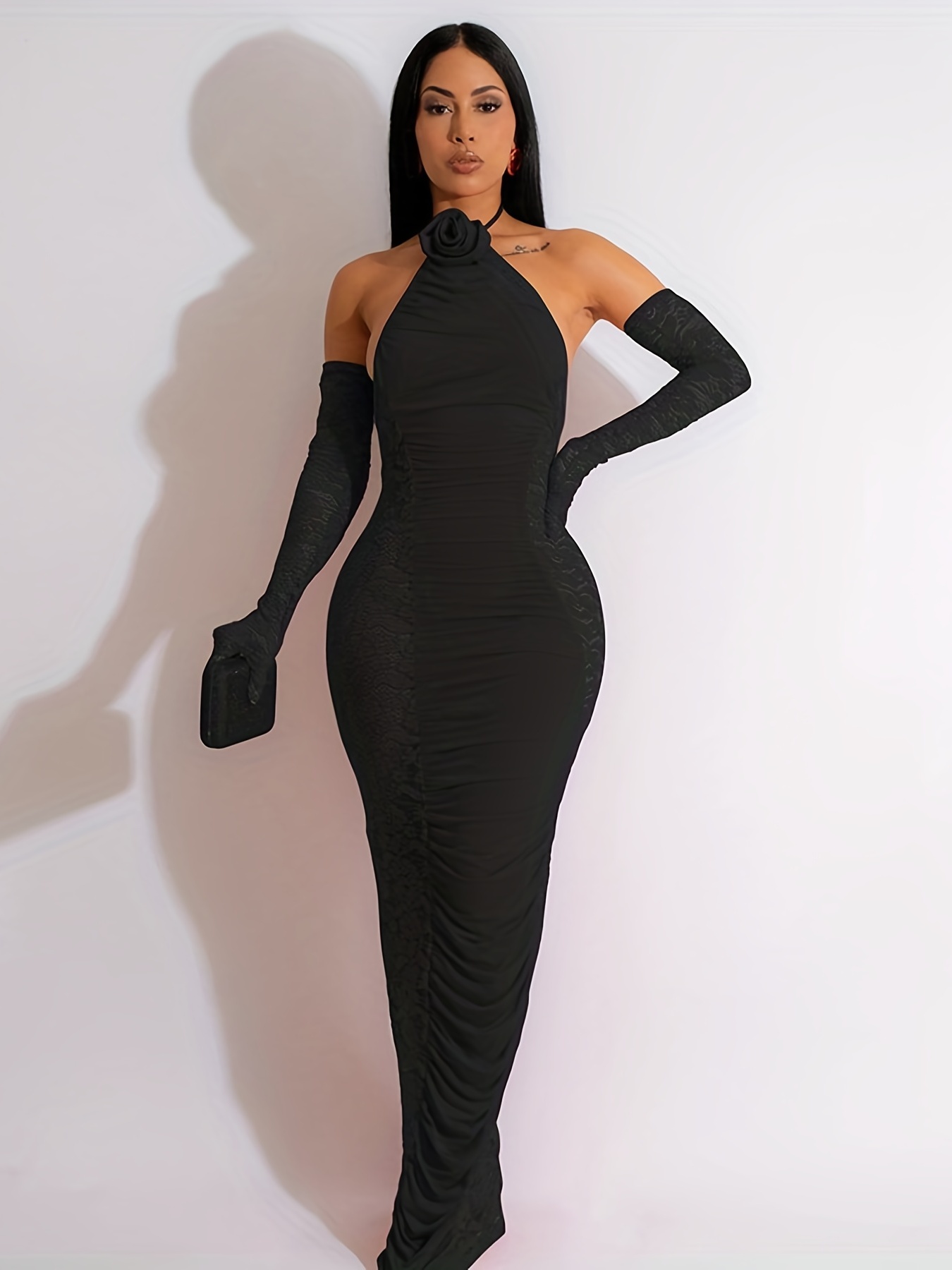 Buy Women's Sexy Bodycon Dresses Long Sleeve Ruched Halter V Neck