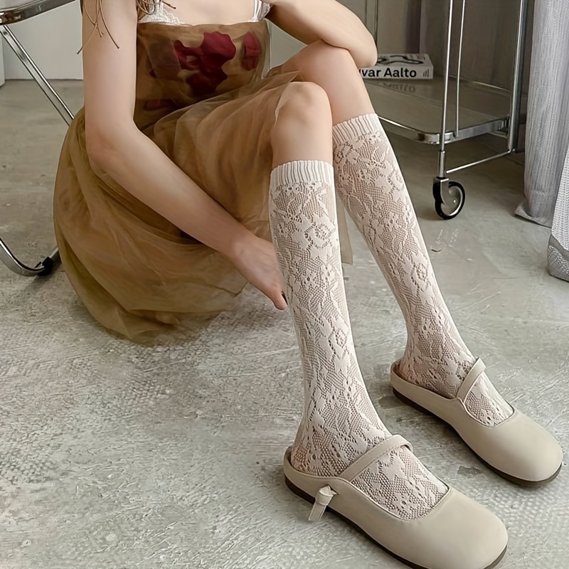 Lace Thigh High Stockings Floral Lace Trim Mesh Knee Socks - Temu