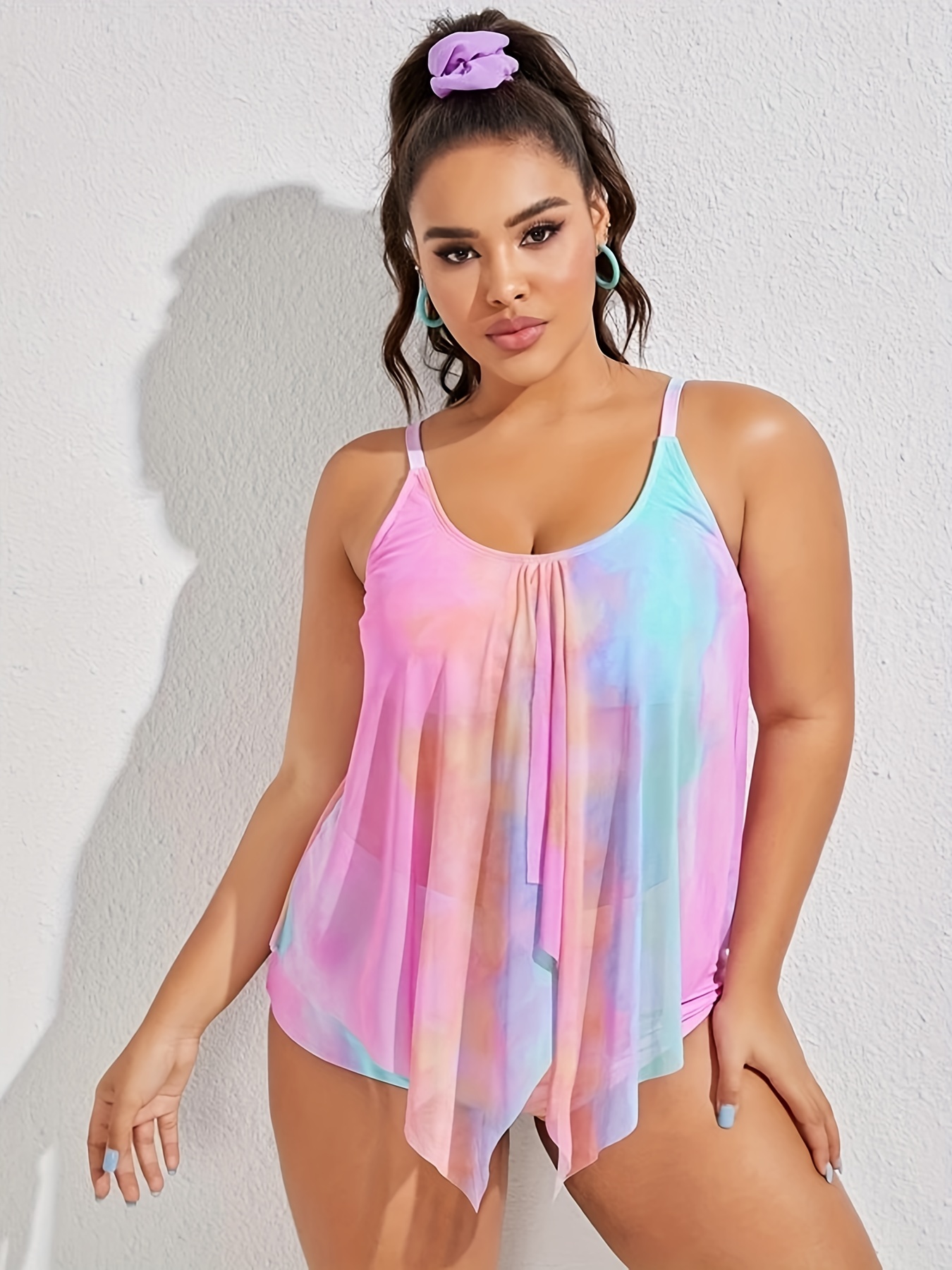 Plus Size Cute Swimsuit Set Womens Plus Tie Dye Ombre Print Contrast