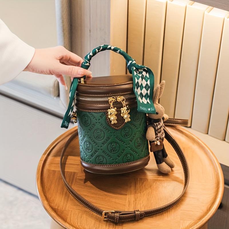 Mini Bear Cylinder Handbag, Scarf Decor Crossbody Bag, Women's Pu Leather  Bucket Bag - Temu Germany