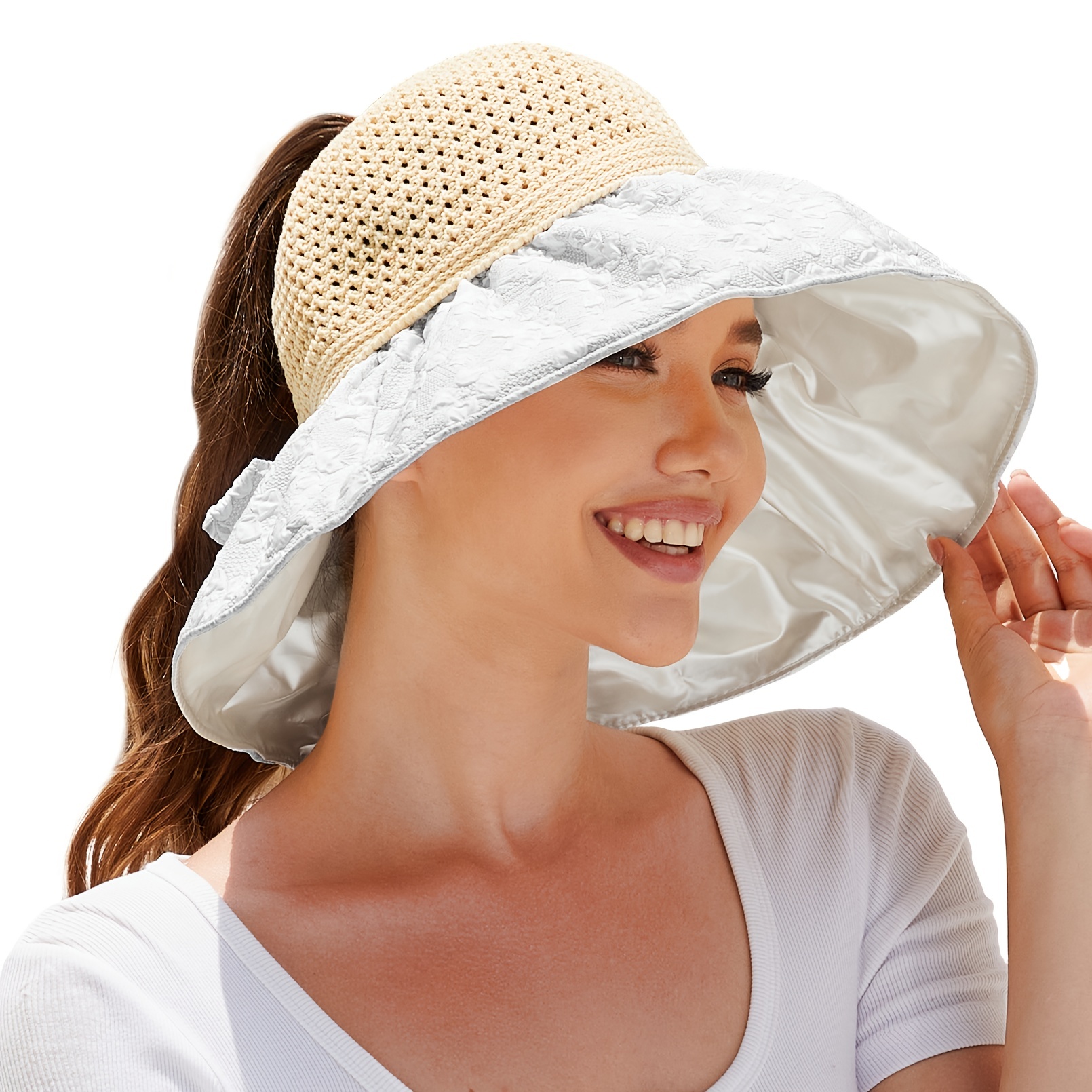 1pc Wide Brim UV Protection Lightweight Ponytail Sun Hat, Fishing Hat, Bowknot Decor Comfortable Breathable Straw Hat,Temu