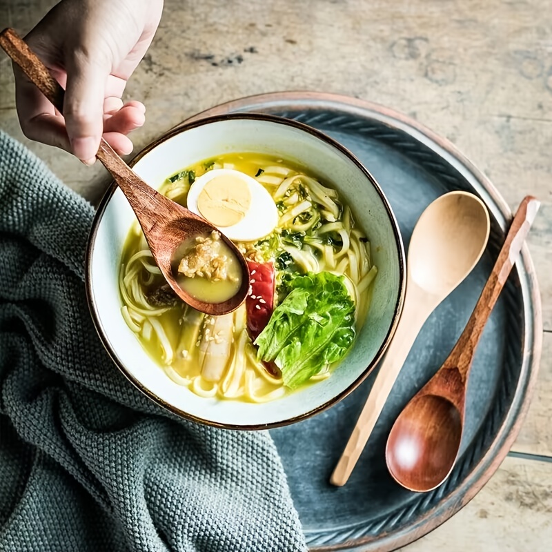 Cucharas de sopa de madera, cucharas de Ramen japonesas, cucharas redondas  de madera Phoebe con mango largo, arroz, postre, cocina, degustación, cena