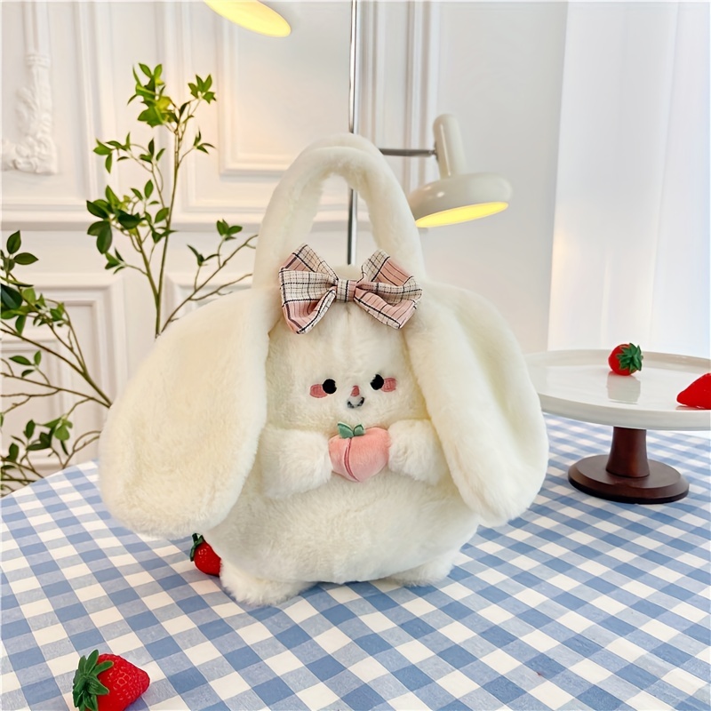 kawaii bunny Crossbody bag,cartoon Plush Rabbit wallets,cute Lolita Handbag  for women, Lovely Fluffy animal purse (pearl chain) white