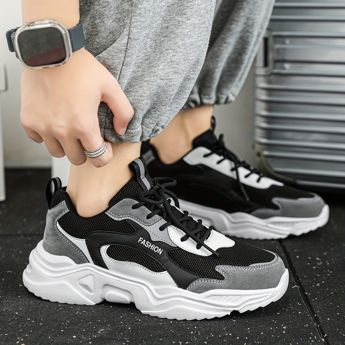 Zapatillas de deporte con plataforma para hombre, zapatos blancos y negros,  transpirables, con cordones, gruesas, a