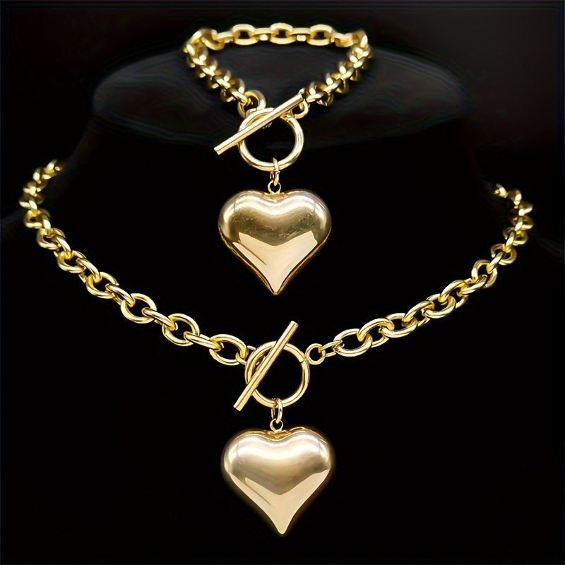 

Heart-shaped Pendant Women's Jewelry Set Men's Stainless Steel Golden Aesthetic Vintage Necklace Bracelet Set