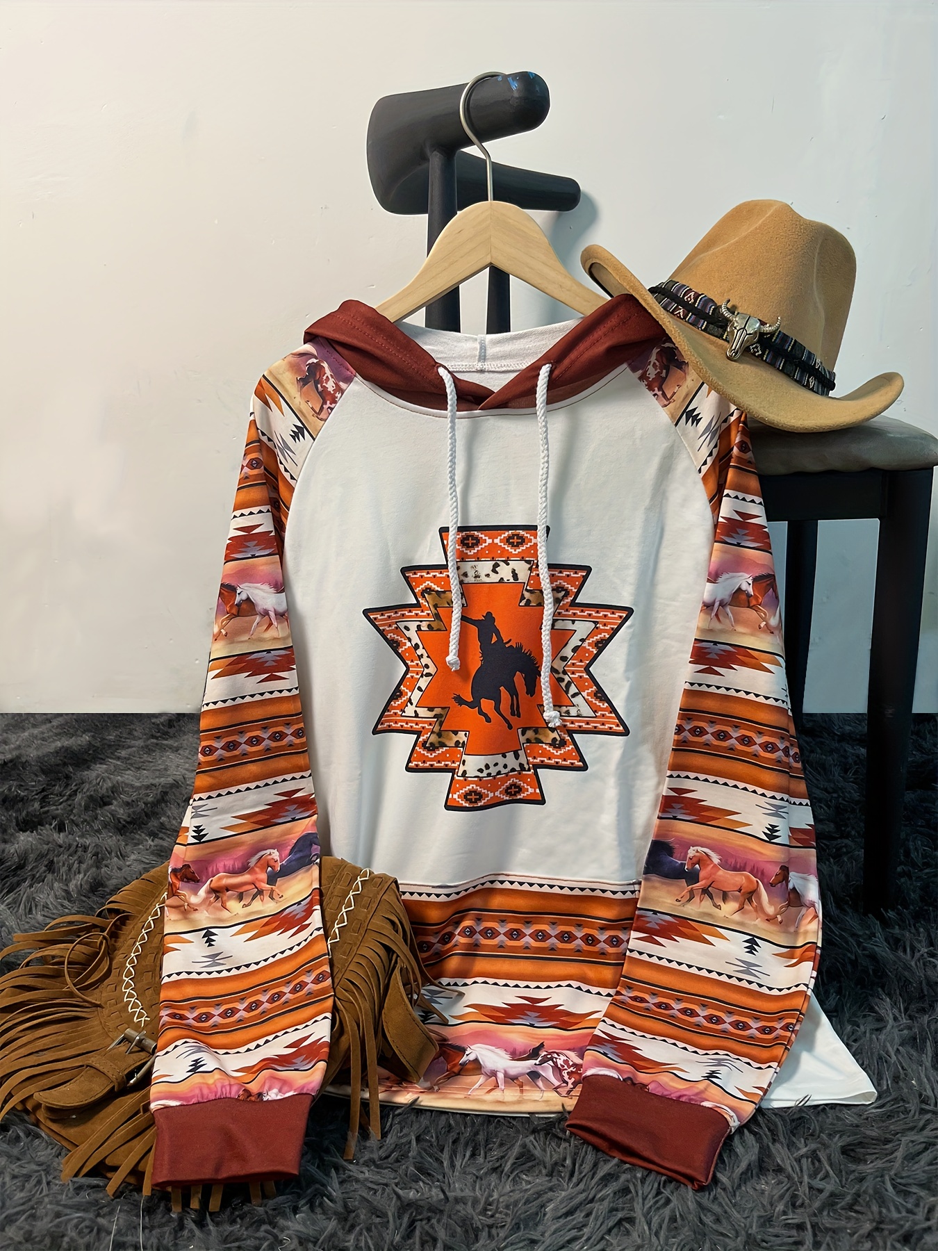 western ethnic print drawstring hoodie vintage long sleeve pocket sweatshirt womens clothing details 1