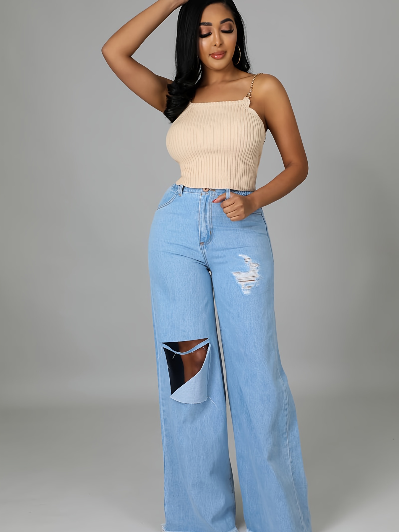 Ripped Holes High Waist Distressed Straight Jeans, Asymmetrical Knees Loose  Fit Baggy Boyfriend Jeans, Women's Denim Jeans & Clothing