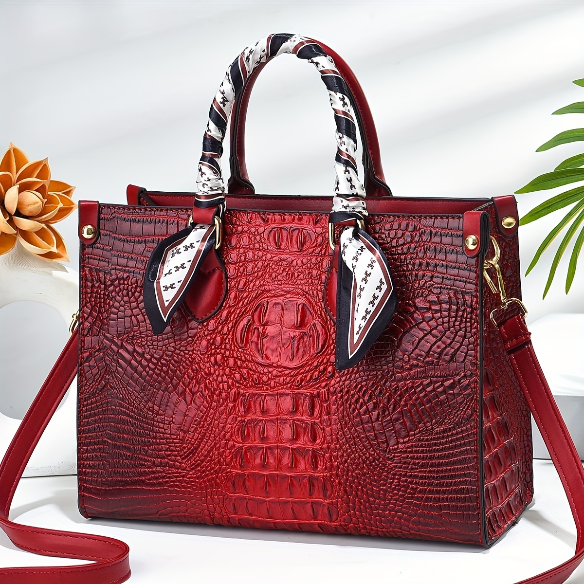 Elegant Crocodile Pattern Satchel Bag, Classic Pu Leather Top Handle Bag,  Women's Solid Color Shoulder Bag - Temu