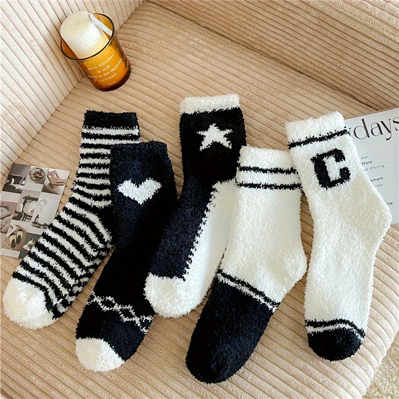 Striped Heart Print Socks Comfy Cute Fuzzy Socks Women's - Temu