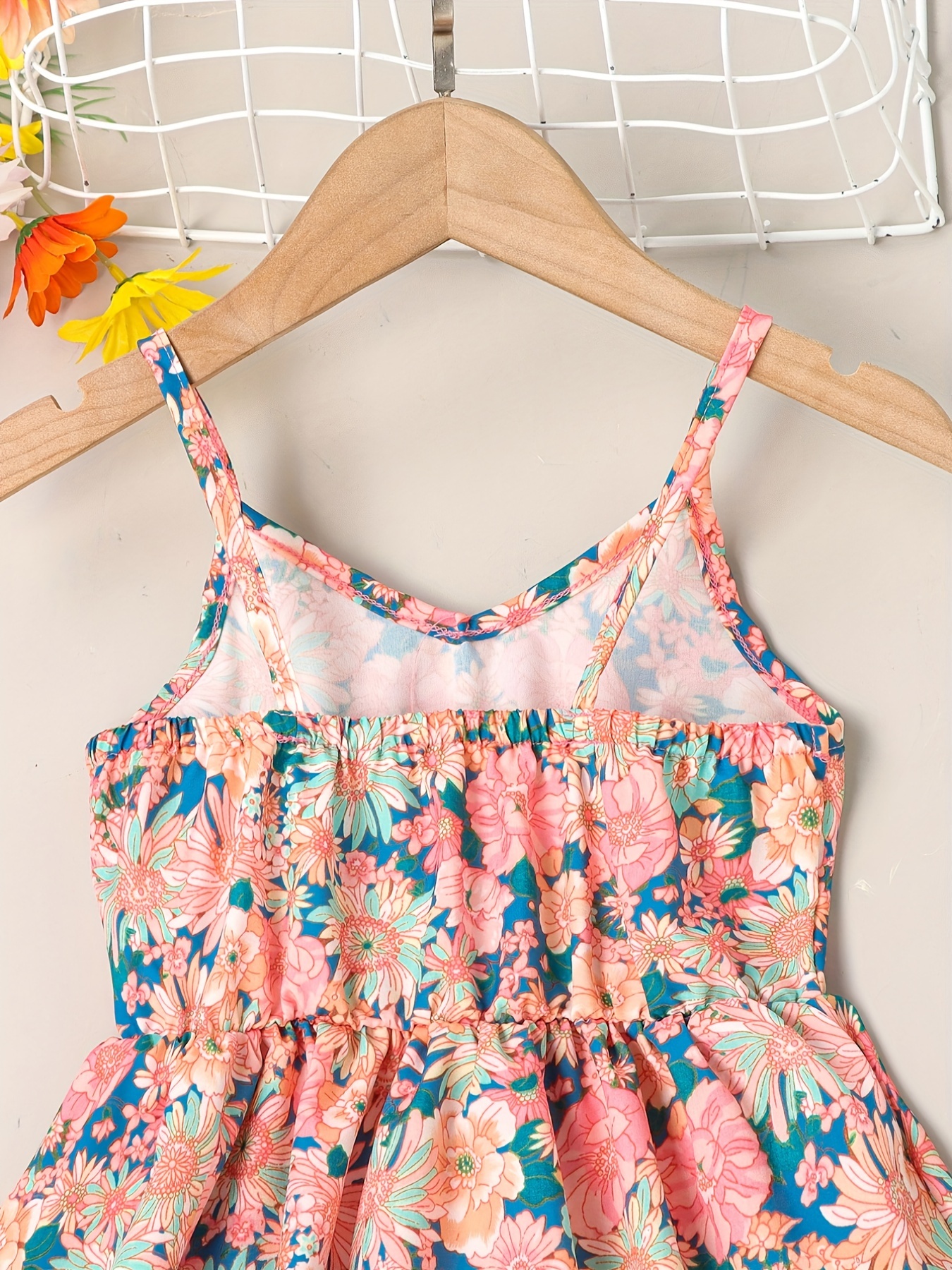 little girls cute sundress floral pattern party beach dress v neck elastic waist camisole dress for summer details 13
