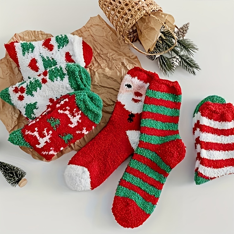6 Pairs Christmas Socks Thickened Fuzzy Winter Warm Cartoon Socks