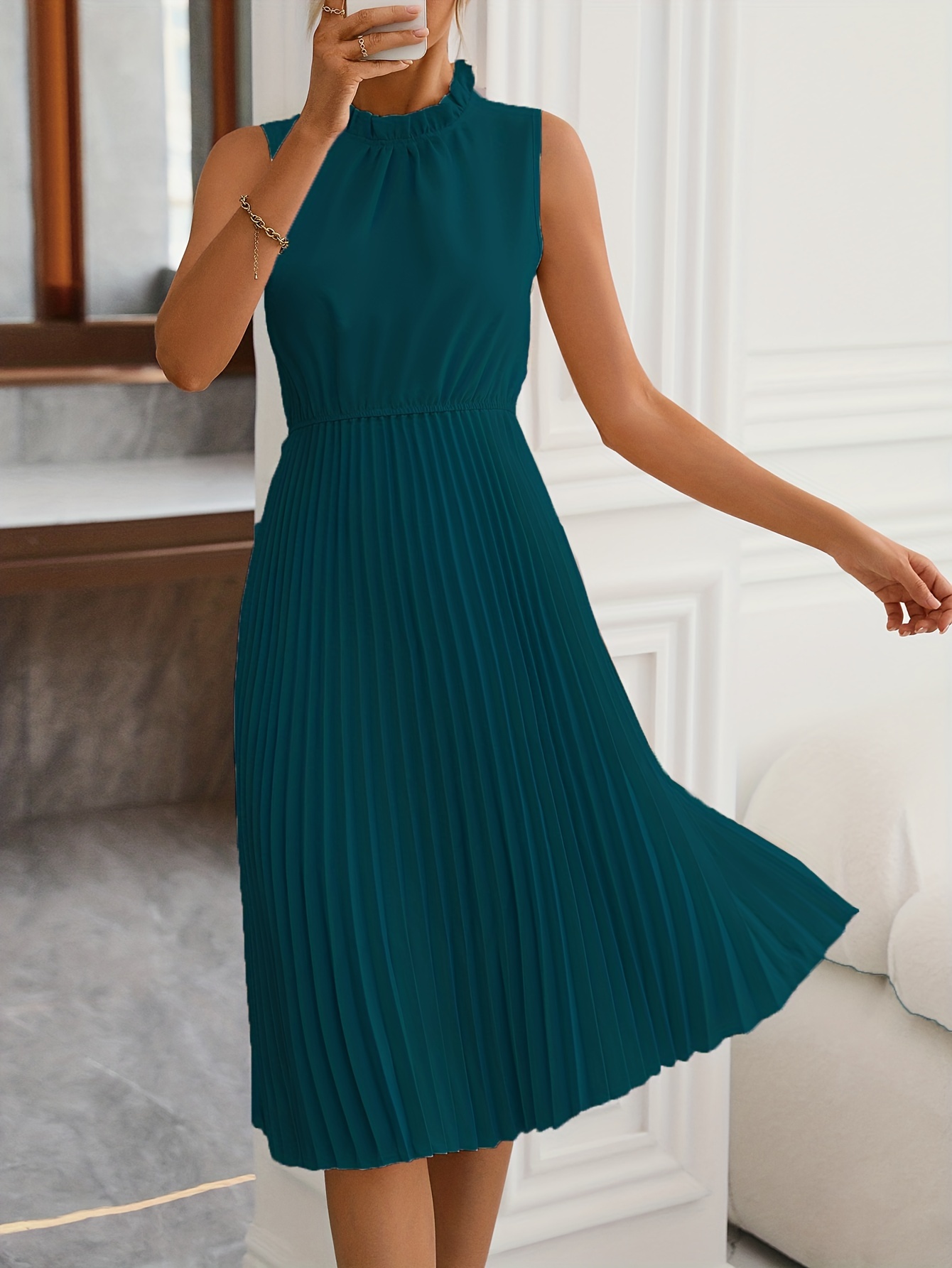 Pleated Sleeveless Dress Casual Cinched Waist Solid Keyhole - Temu