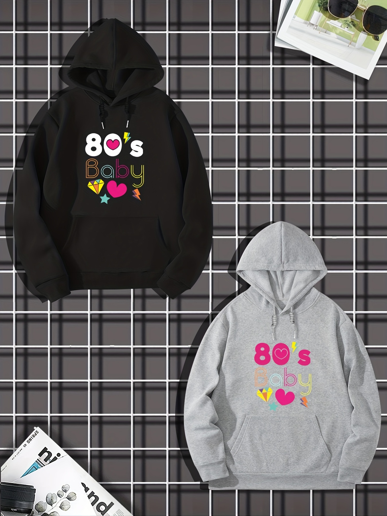 80s Baby Heart Diamond Print Mens 2pcs Hoodie Outfits 2pcs