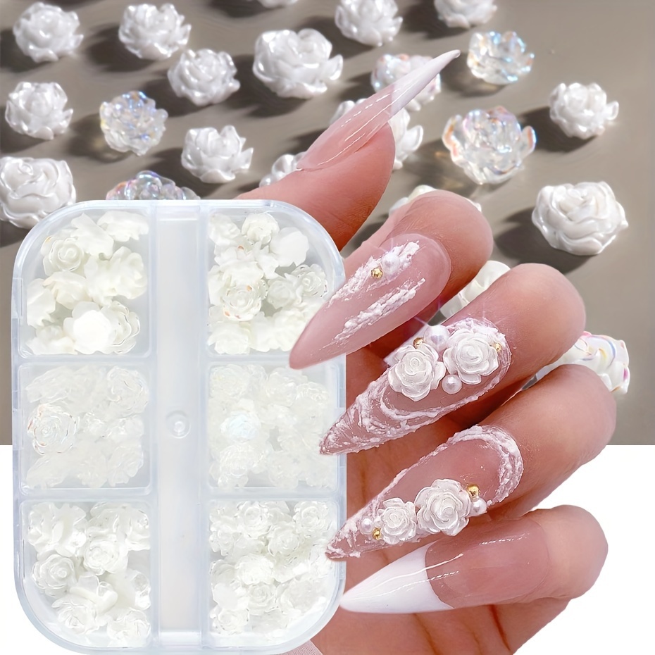 3d Camellia Nail Charms 3d White Flower Nail Art Accessories - Temu