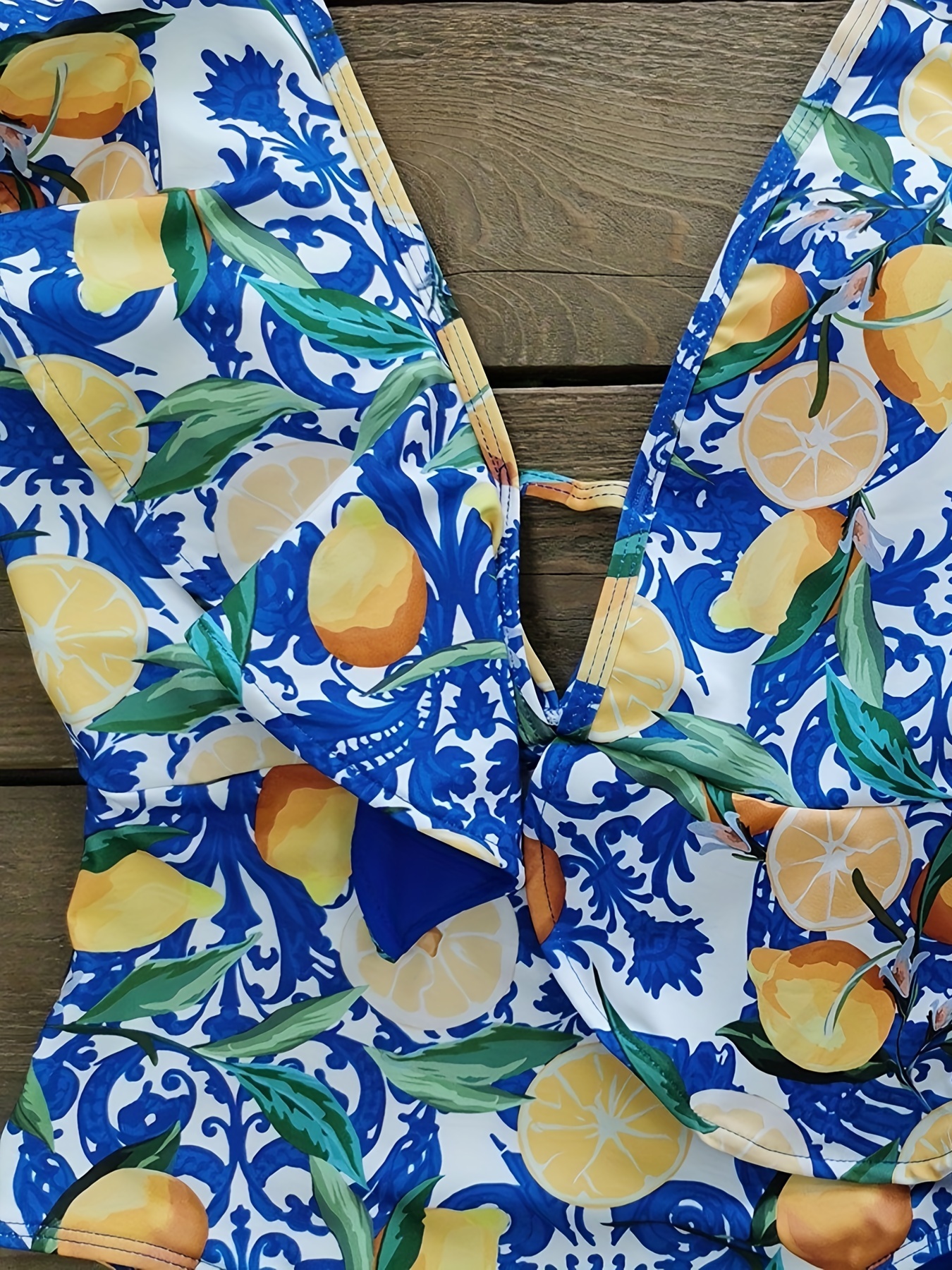 Lemon Print Ruffle Trim Asymmetric One Piece Swimsuit, Deep V Neck