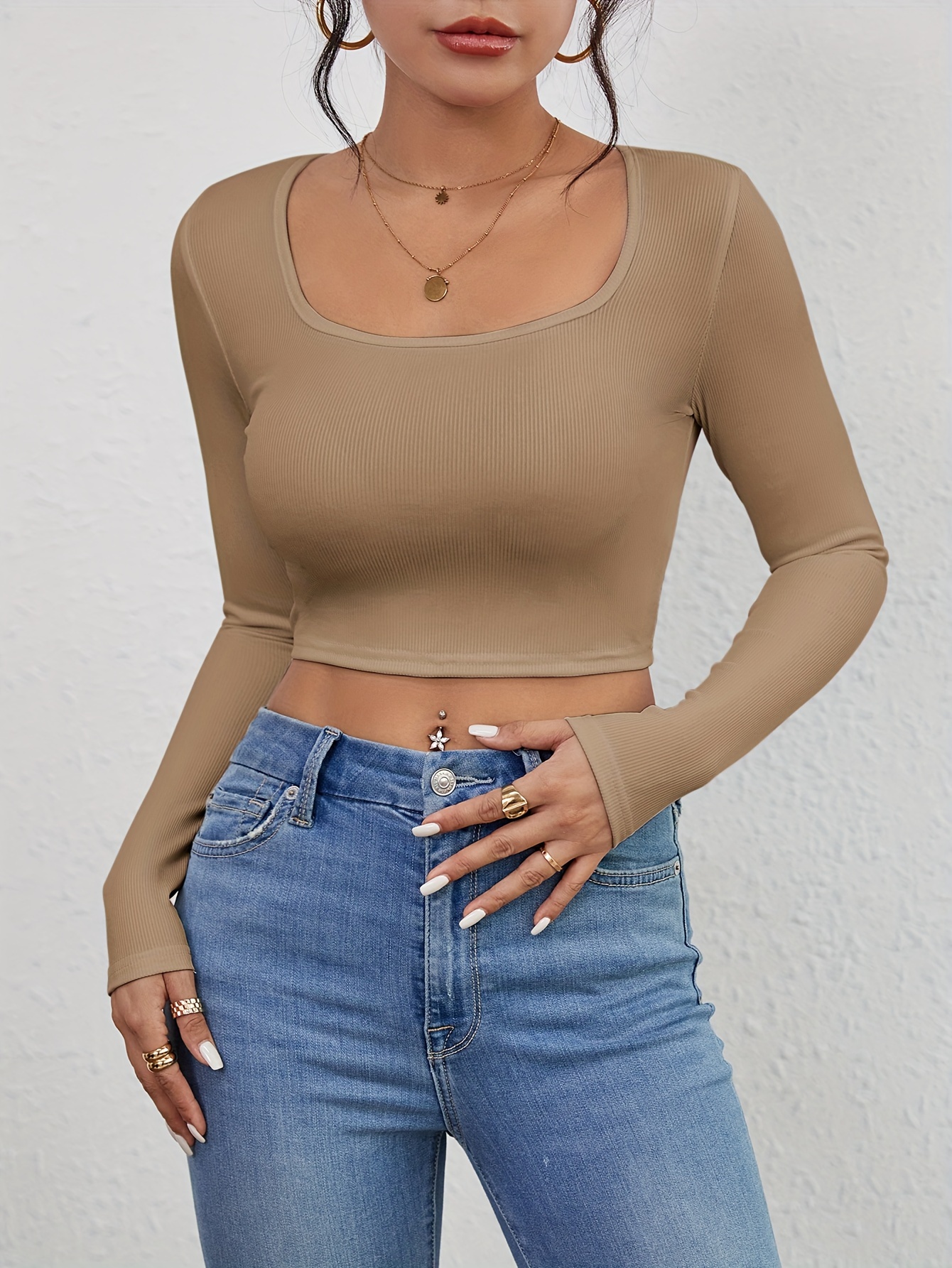 WOMENS LADIES LONG SLEEVE CROP TOP SHORT TSHIRT ROUND NECK JERSEY STYLE 8 -  14