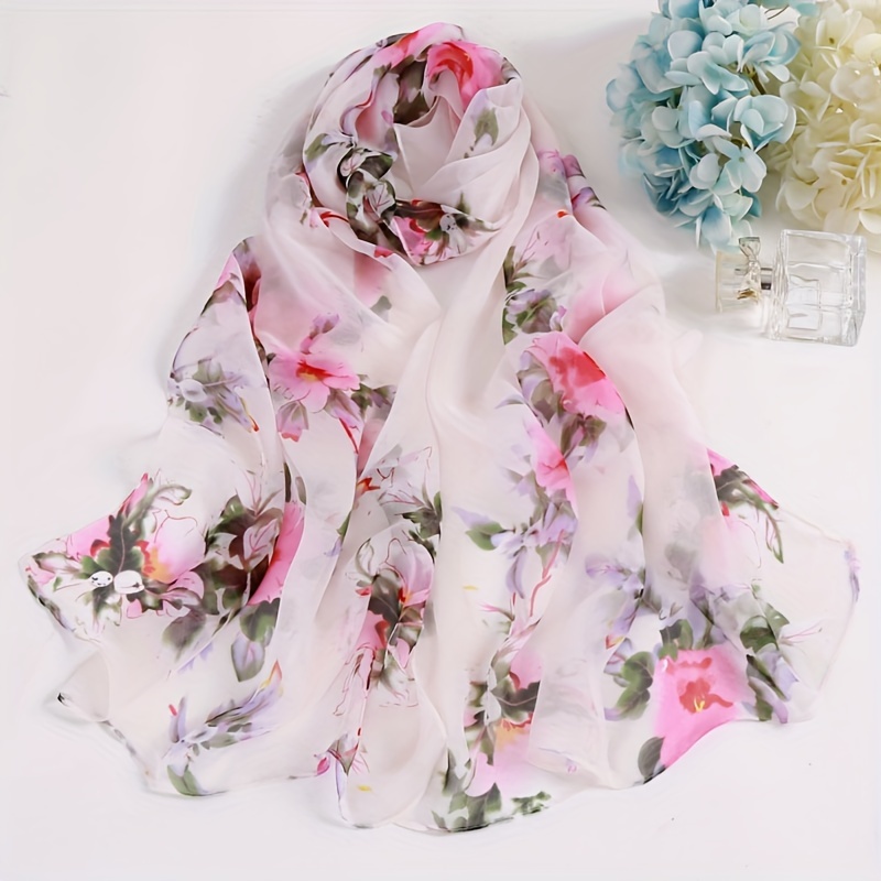 

Classic Peony Print Long Scarf Thin Breathable Chiffon Shawl Casual Windproof Sunscreen Head Wrap Travel Beach Towel