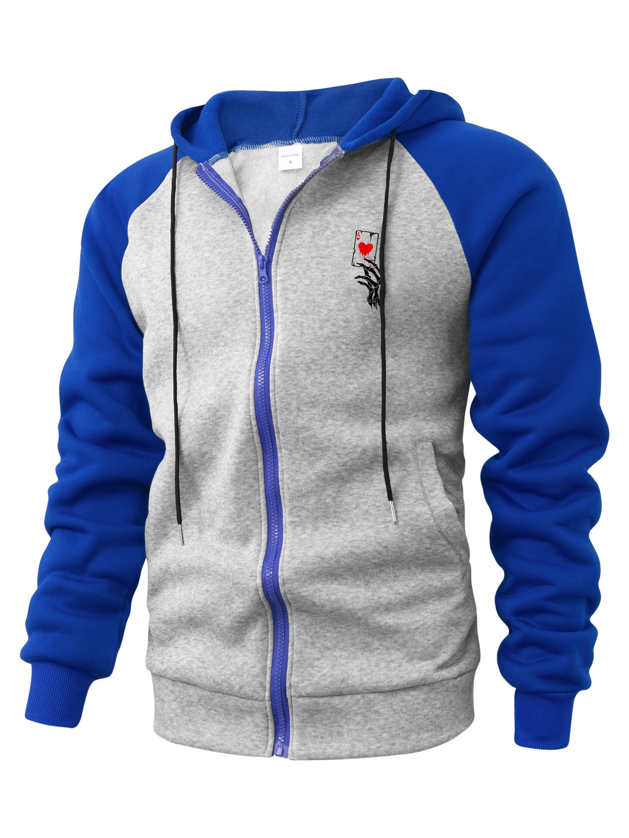 Men's Color Block Poker Print Zip-up Hooded Sweatshirt, Drawstrings Long Sleeve Hooded Jacket For Autumn And Spring
