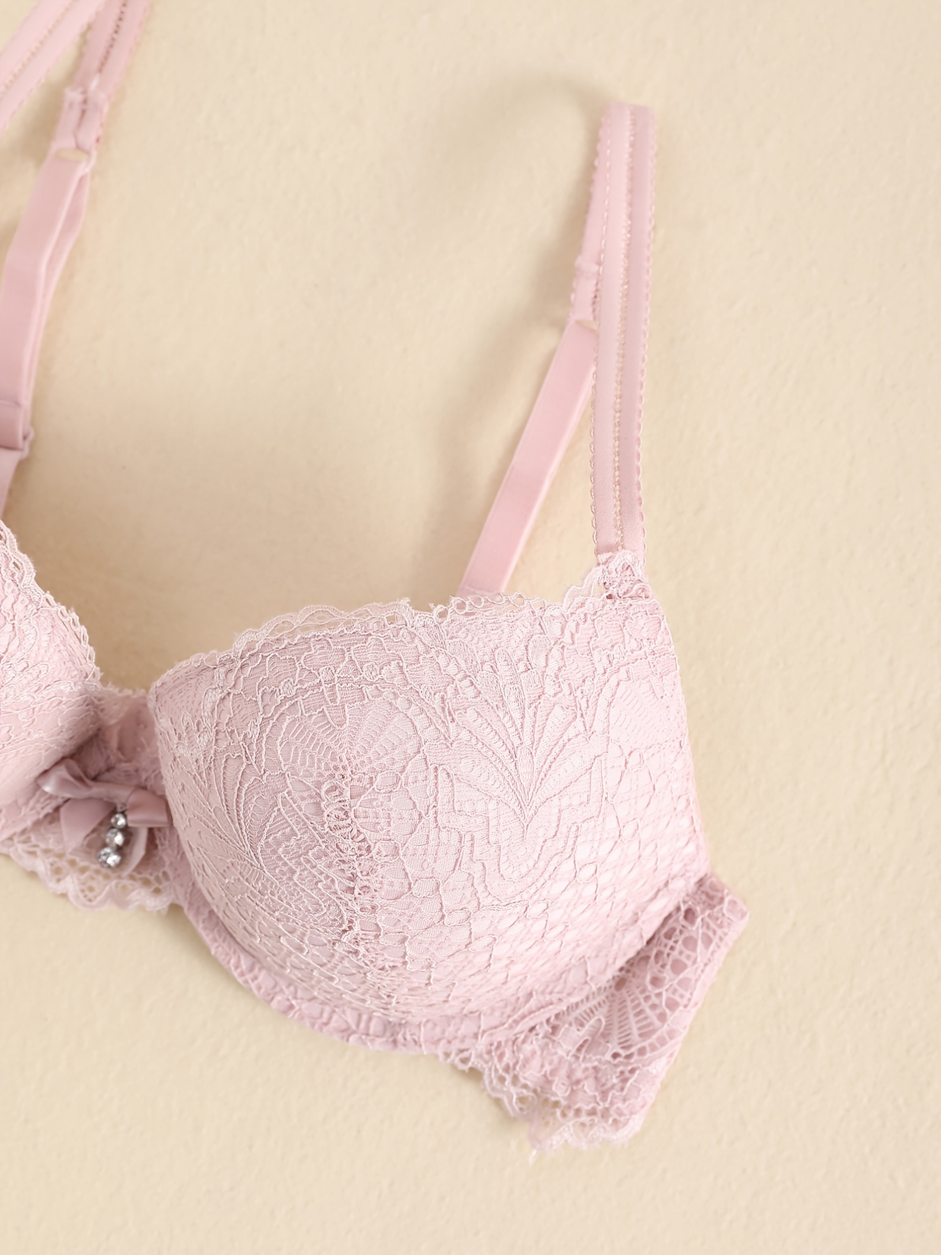 Pink lace on Cream underwire push-up Bra- satin bow detail - Size