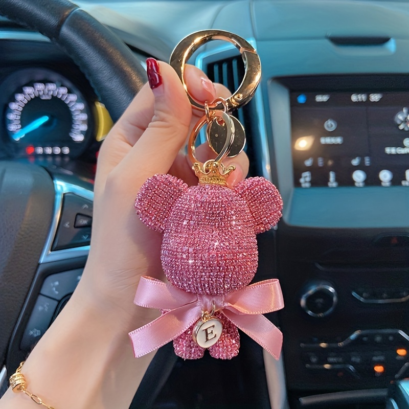 Flauschiger Ball Schlüsselanhänger mit Perlen Strass Strasssteine Inlay  Schlüsselanhänger für Damen Tasche / Handy / Auto Anhänger (rosa)