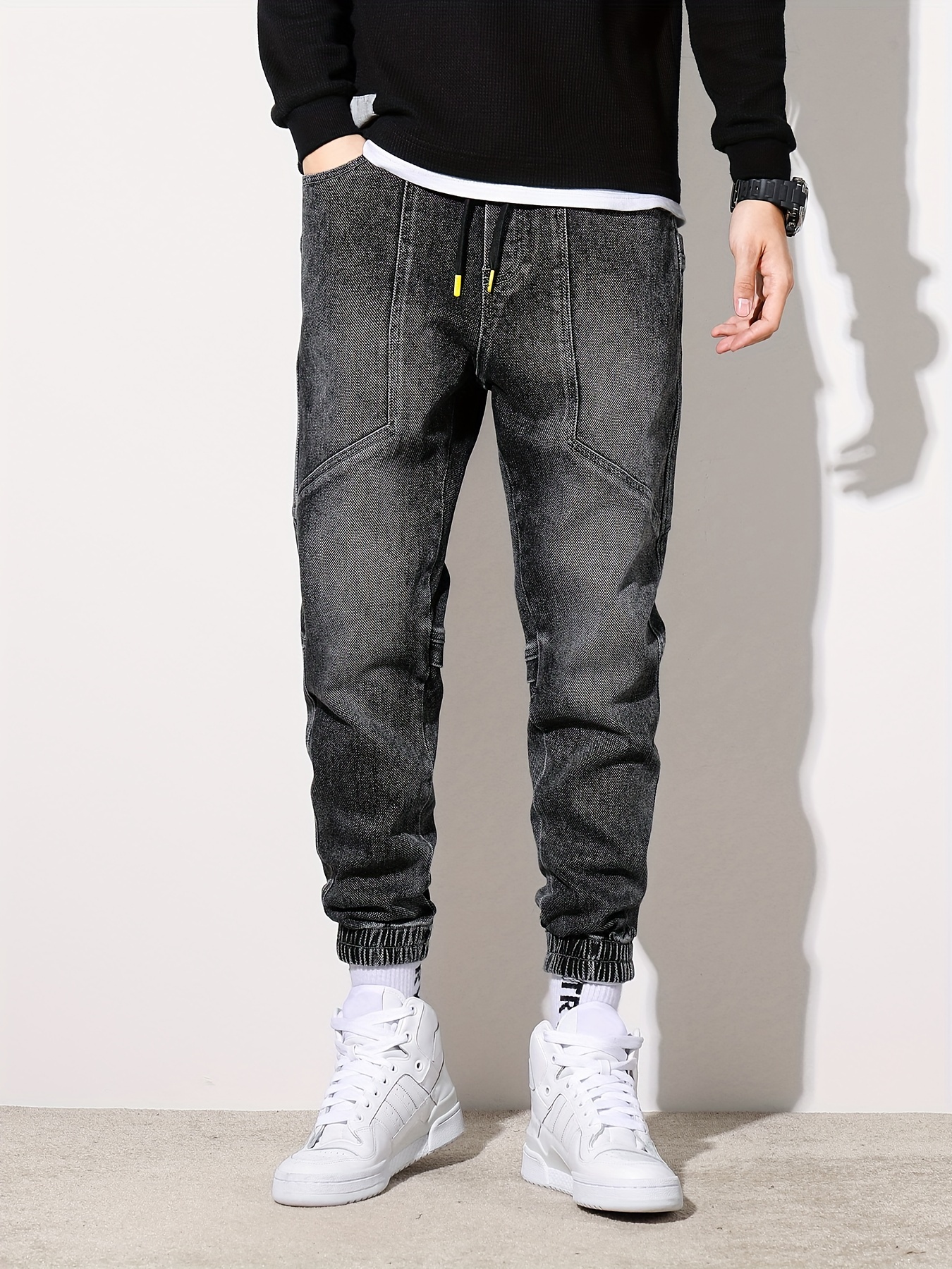 Men's Casual Skinny Harem Jeans, Chic Street Style Stretch Multi Pocket  Biker Jeans