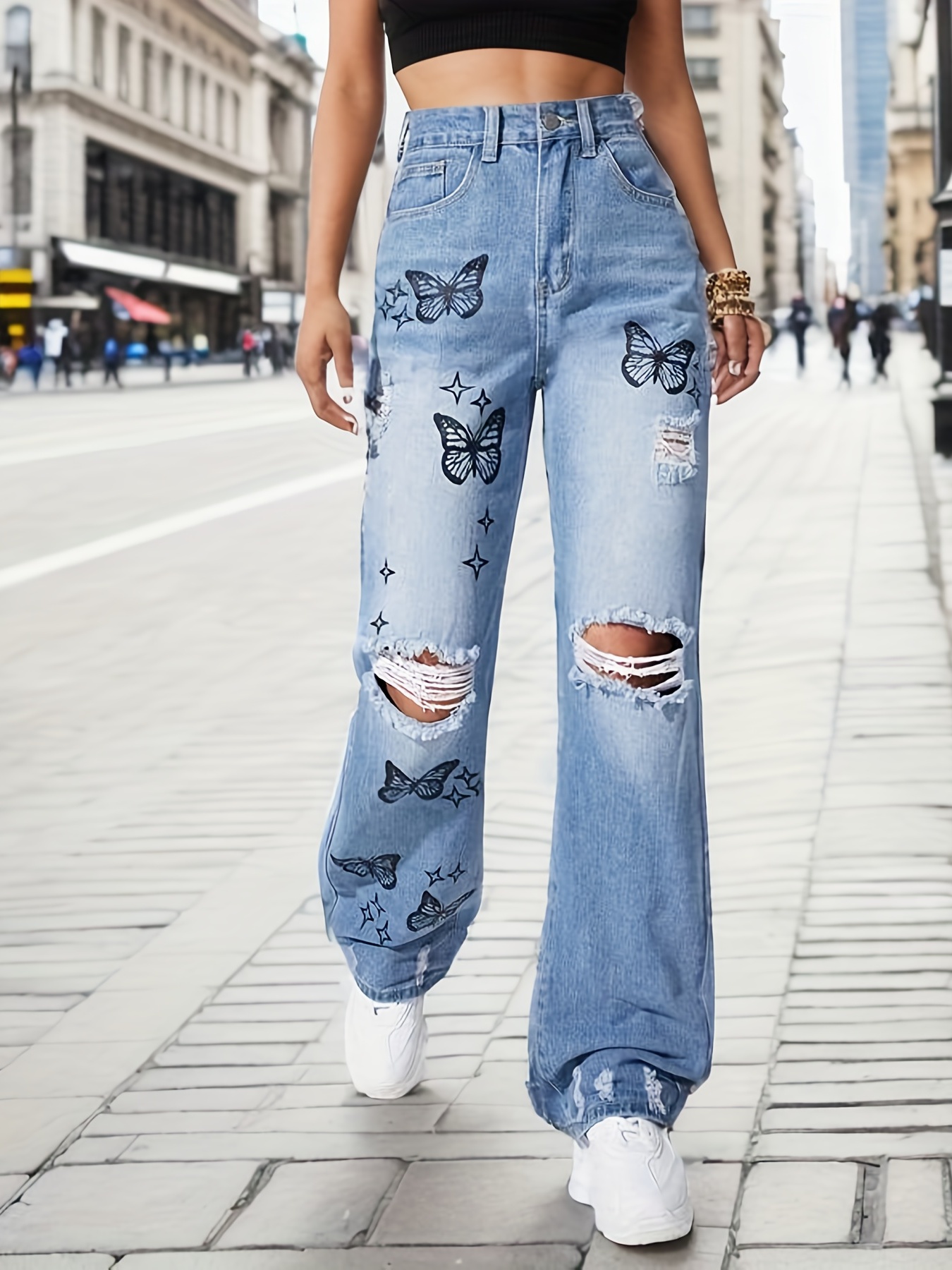 Plain Butterfly Print Straight Jeans, Ripped Holes Non-Stretch Street Style  Wide Legs Jeans, Women's Denim Jeans & Clothing