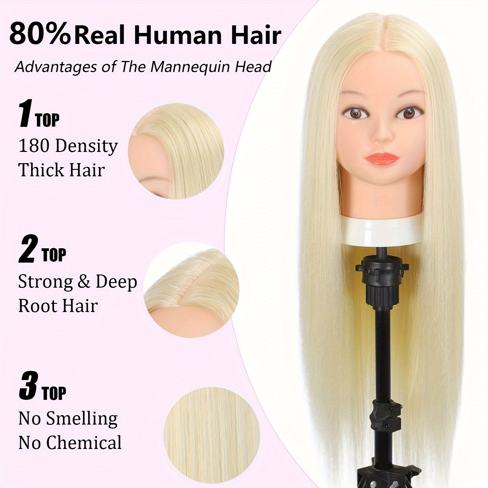 Mannequin Head with 80% Human Hair, 26 Cosmetology Mannequin Head with  Real Hair Practice Training Doll Head for Hair Styling Hairdressing