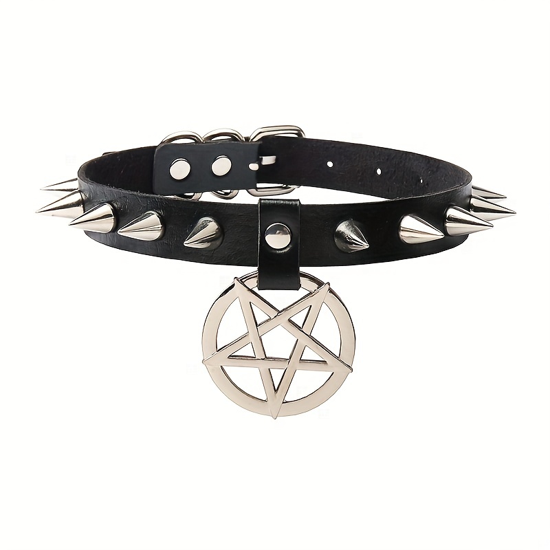 Gothic Punk Rock Emo Pentagram Charm Rivet Red Spikes Leather Choker C –  Skelapparel