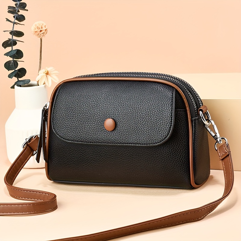 Simple Small Crossbody Bag, Women Double Zipper Shoulder Bag, Fashion PU Leather Every Day Purse