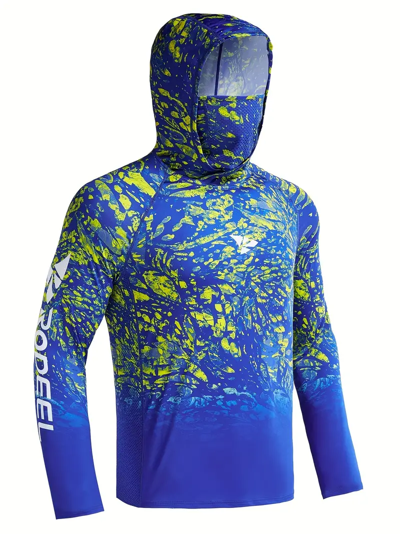 Men’s UPF 50 High Performance Fishing Shirt Cooling Hoodie Camo Long Sleeve Shirt With Mask UV Protection Neck Gaiter Hoodie