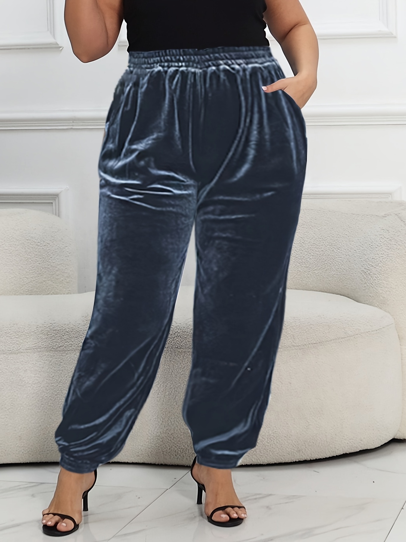 Plus Size Casual Pants Women's Plus Solid Velvet Elastic - Temu