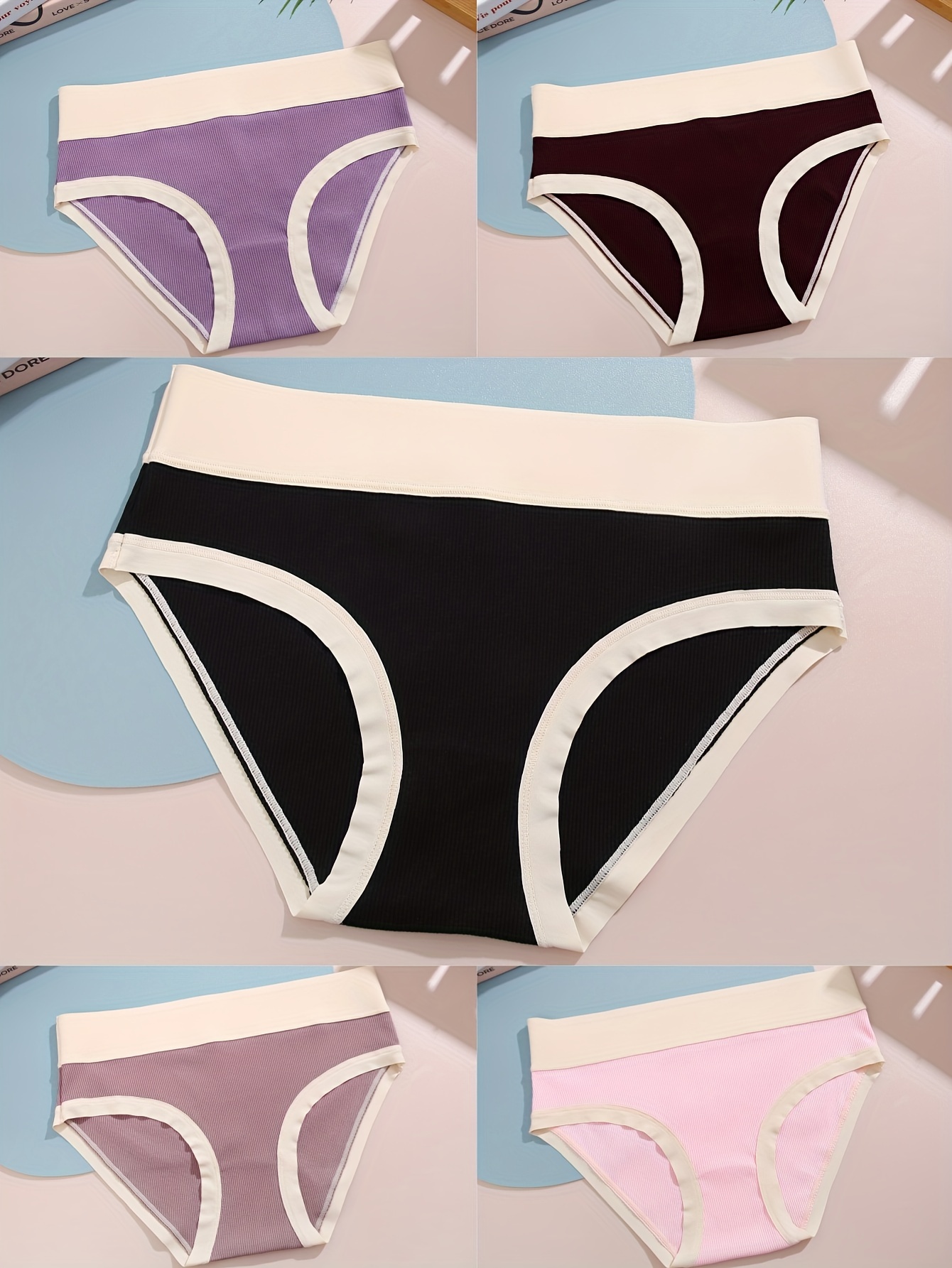 5pcs Colorblock Trim Ribbed Briefs, Comfy & Breathable Stretchy Intimates  Panties, Women's Lingerie & Underwear