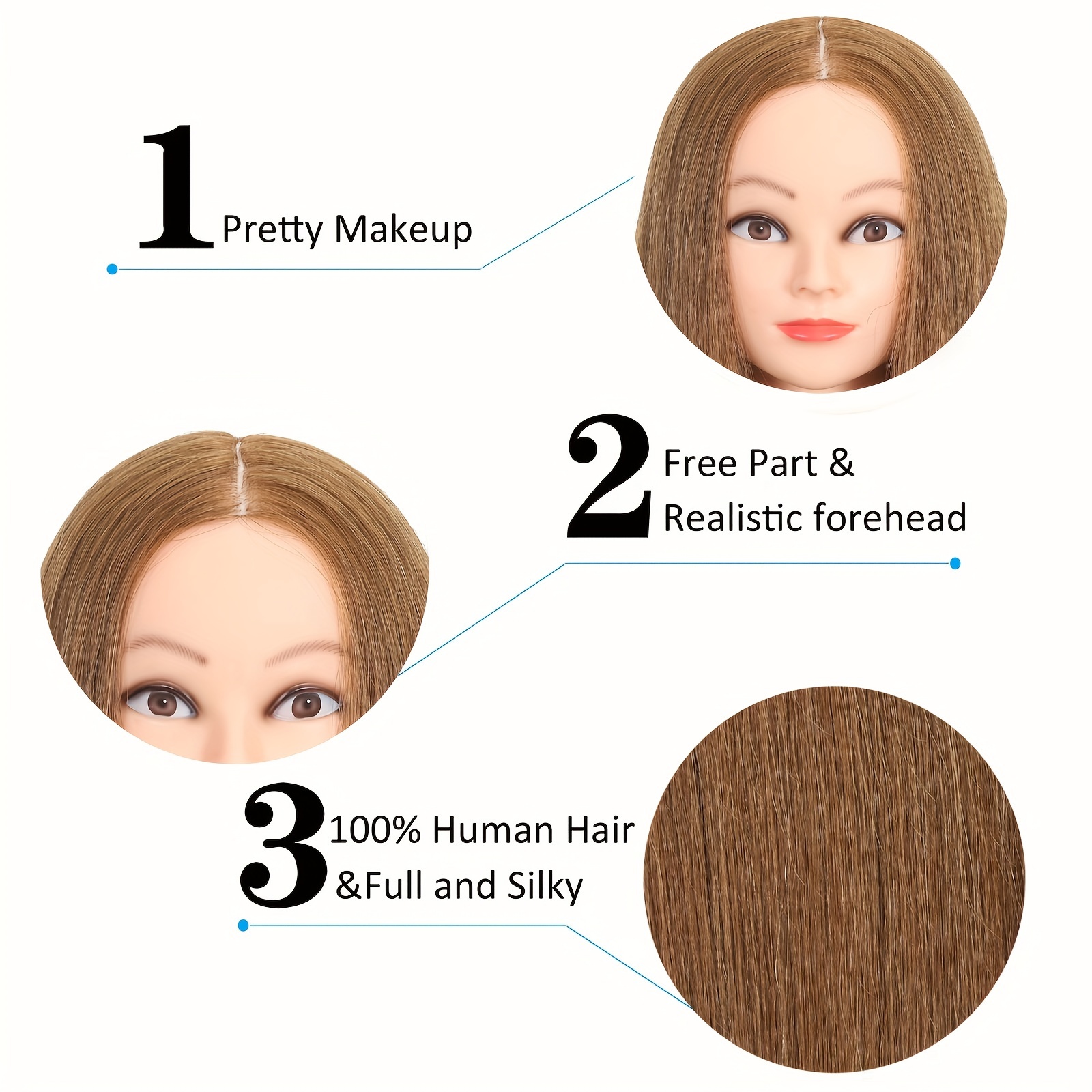 Mannequin Head With 100% Human Hair, Real Hair Cosmetology Mannequin Head  Hair Styling Hairdressing Practice Training Doll Head