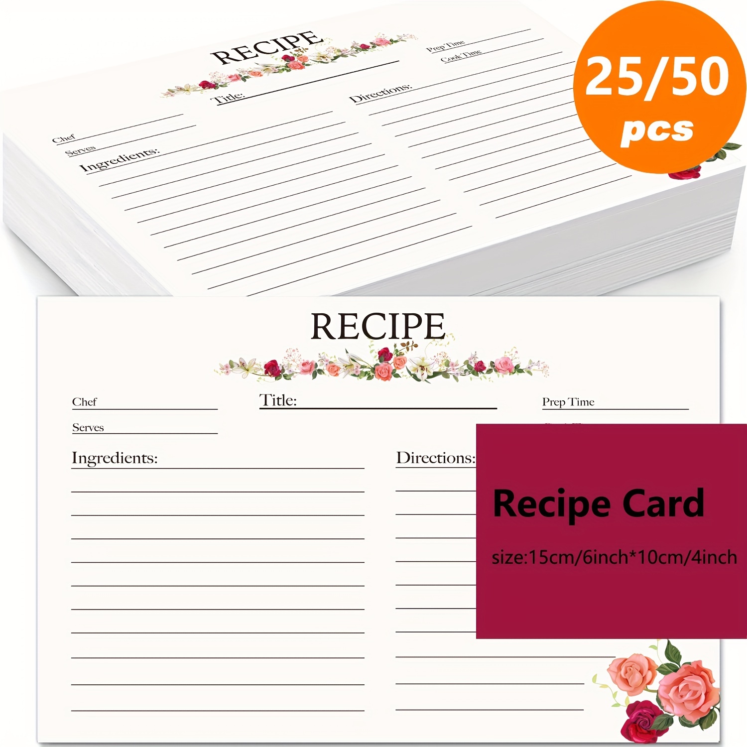 50 Double Sided Recipe Cards 4x6, Wedding Bridal Shower Card, Christmas Holiday Blank Printable Recipe Card for Binder, Cute Rustic Vintage Retro Gift