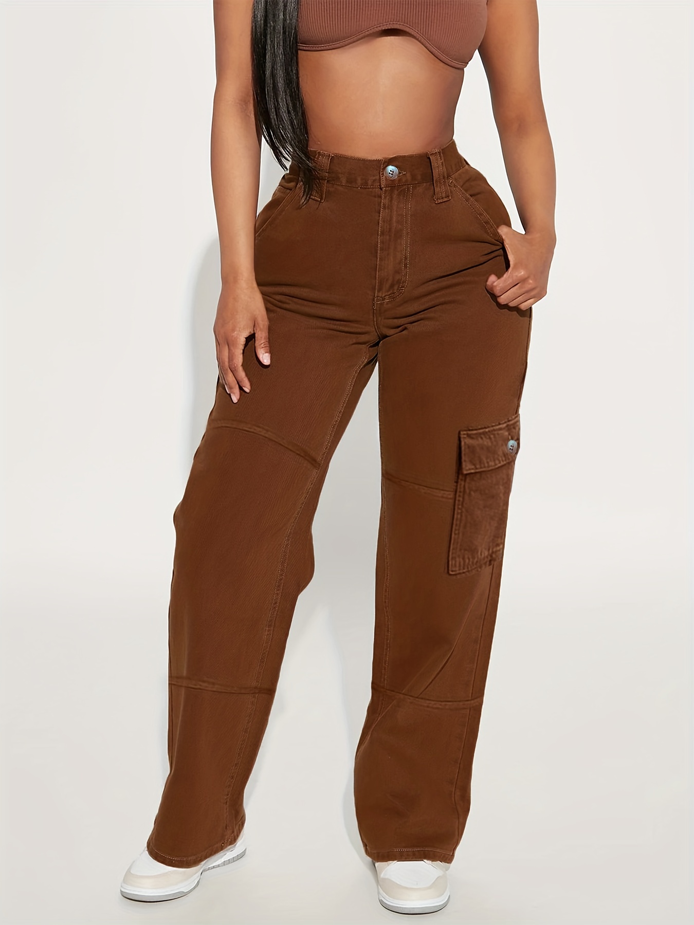 Plain Flap Pockets Cargo Pants, Loose Fit Non-Stretch Y2K & Kpop Style  Straight Jeans, Women's Denim Jeans & Clothing