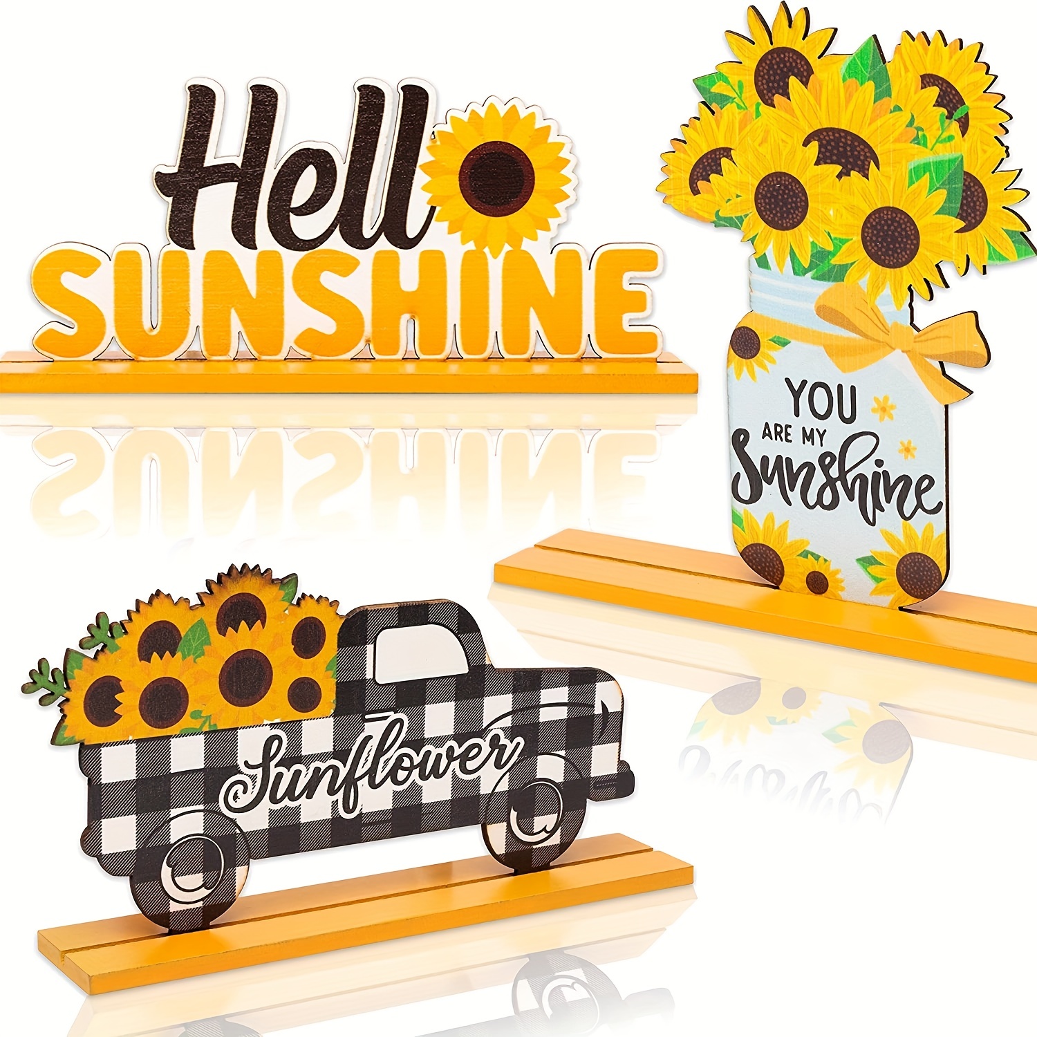 

3pcs Sunflower Wooden Table Centerpiece Sign Decoration, Hello Sunshine Wood Tabletop Signs, Summer Farmhouse Tiered Tray Table Topper Signs Decor For Home Kitchen Party Favor Photo Props