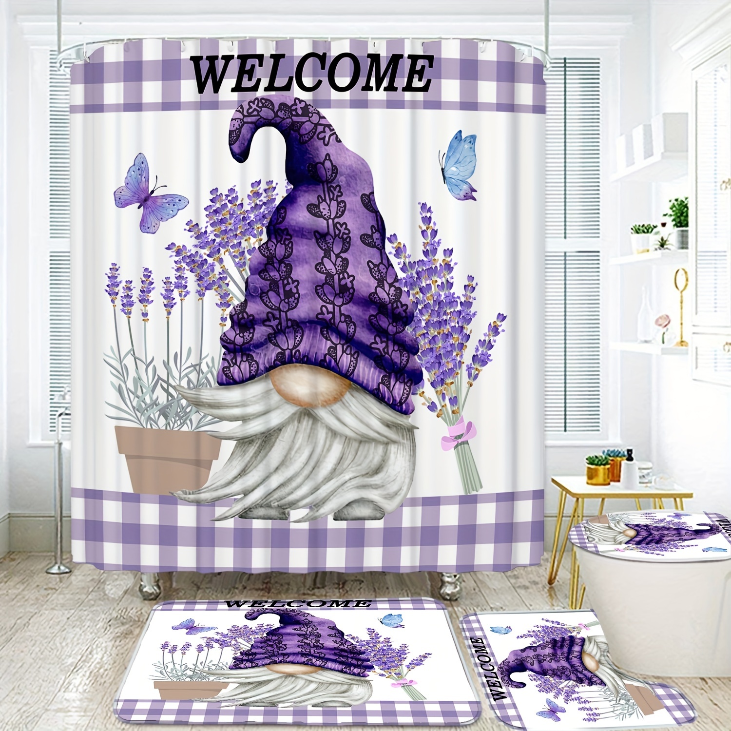 

4pcs Purple Gnome Lavender Shower Curtain Set, Waterproof Shower Curtain, Non-slip Rug, Toilet Cover Mat, Bath Mat And 12 Plastic Hooks, Bathroom Partition Curtain, Bathroom Decor, Home Essentials