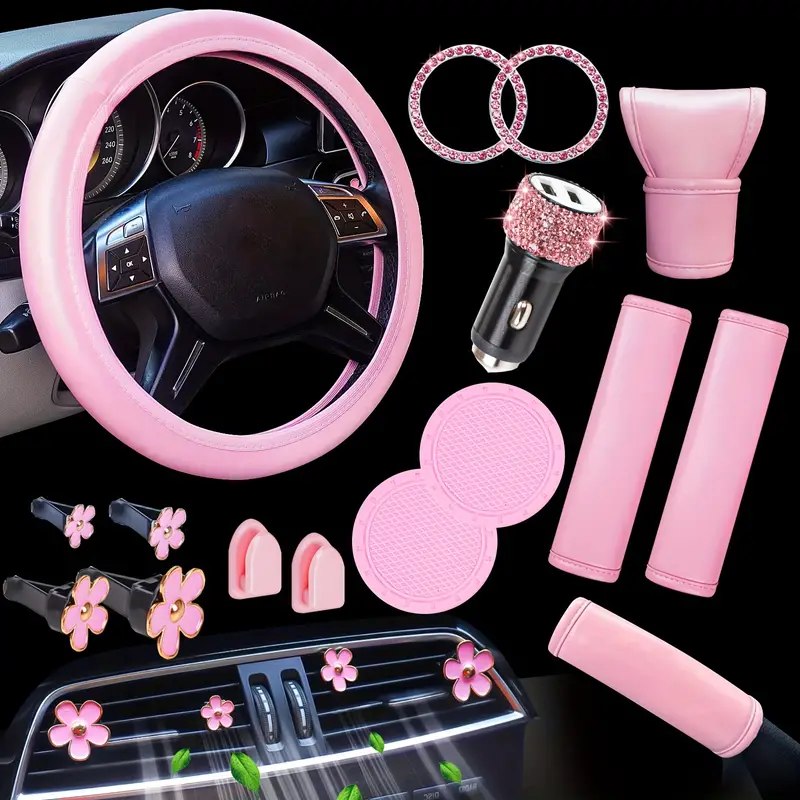 Car Accessories Set Women Leather Steering Wheel Cover - Temu
