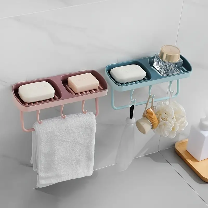 Wall-mounted Storage Rack, Large Double-layer Drain Soap Box, Free Punching  Toilet Shelf, Wall Hanging Soap Holder With Hooks, Soap Dish, Towel Bar For Shower  Bathroom Kitchen - Temu
