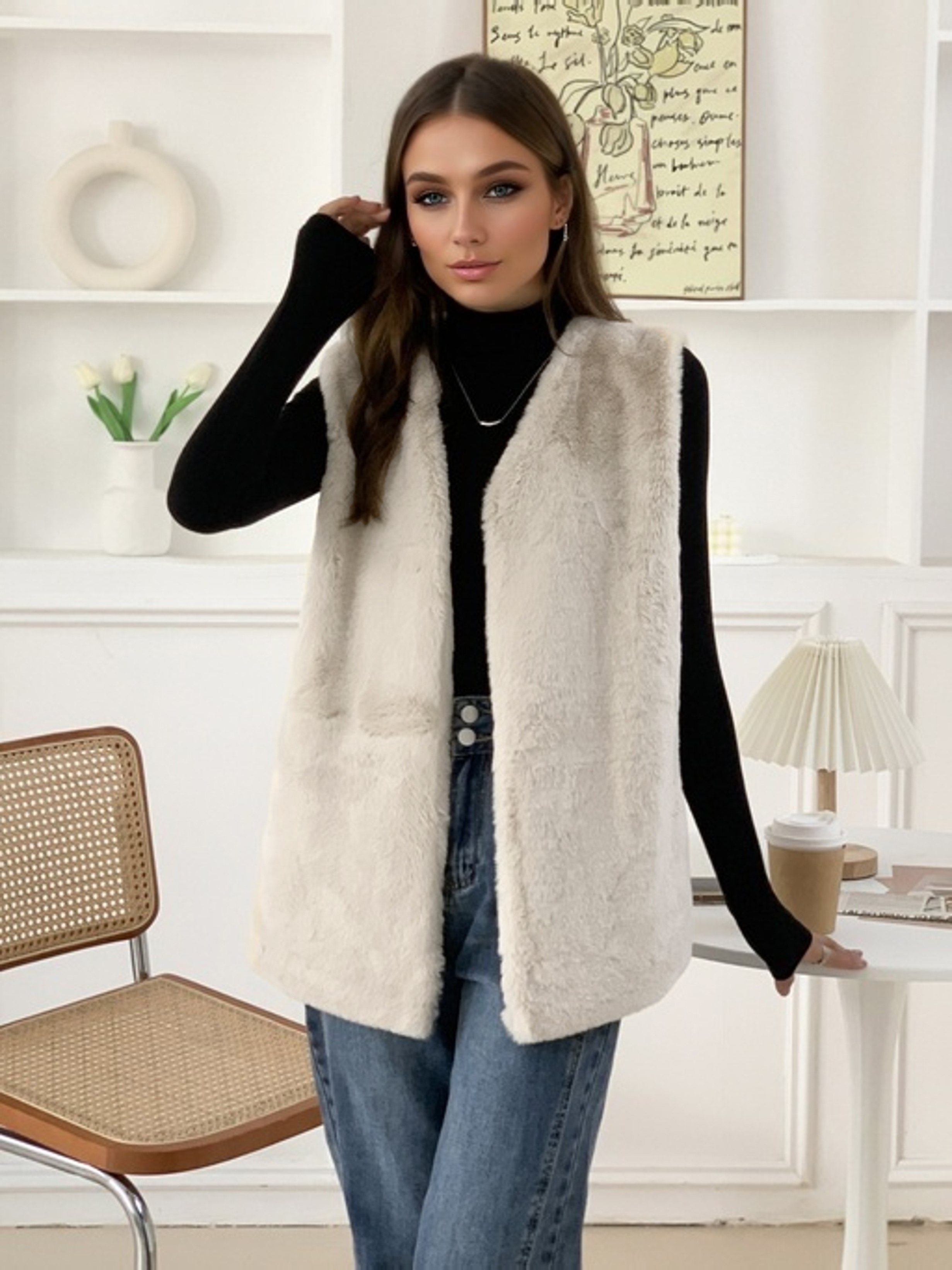 Solid Faux Fur Vest Versatile Sleeveless Open Front Winter - Temu