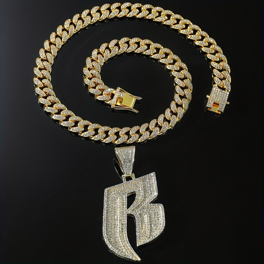 B Initial Rhinestone Cuban Link Chain Necklace