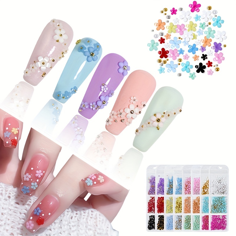 200pcs Nail Decor Five Petal Flower Silver Beads Resin Rhinestone Charms