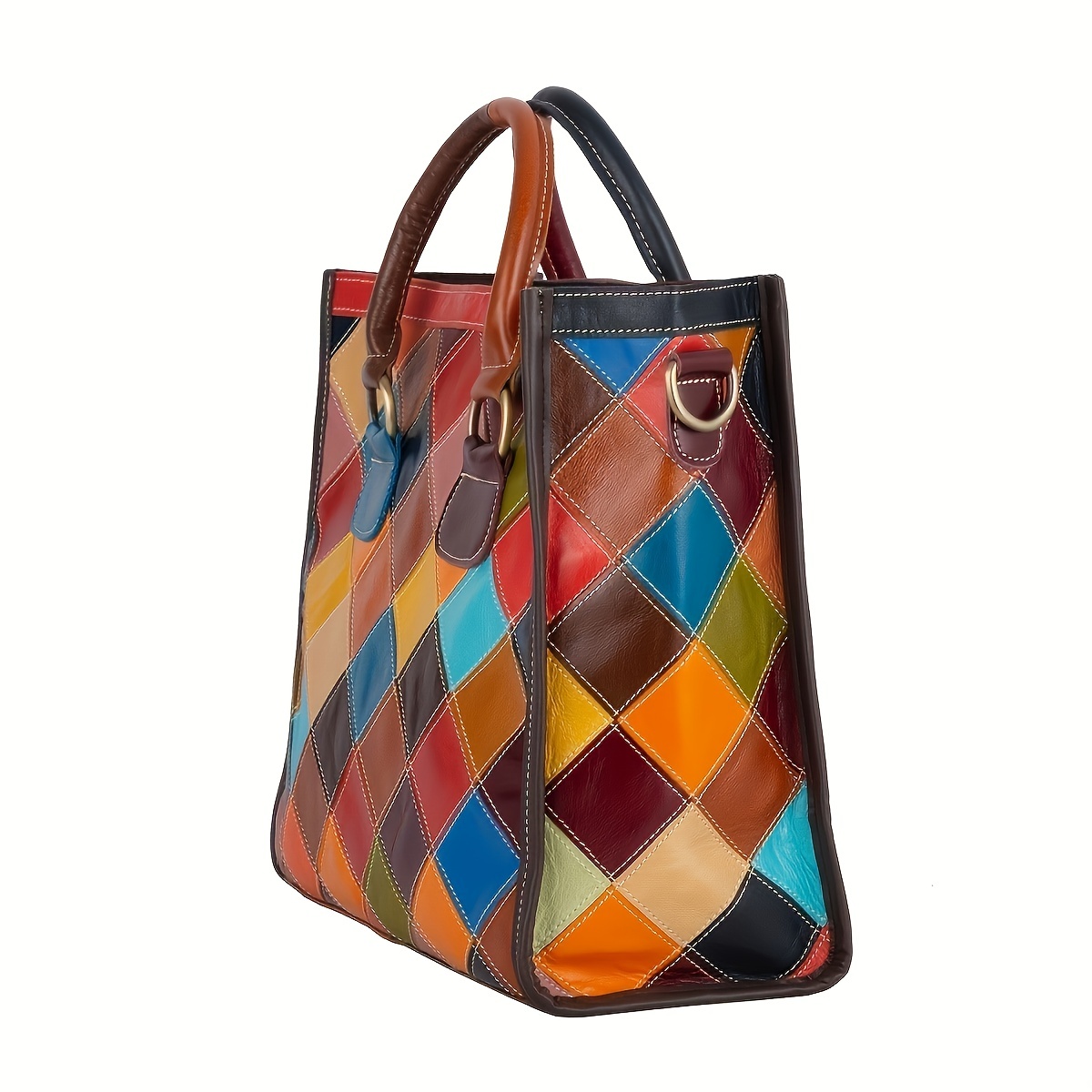 Mini Canvas Tote Bag With Patchwork Design, Genuine Leather
