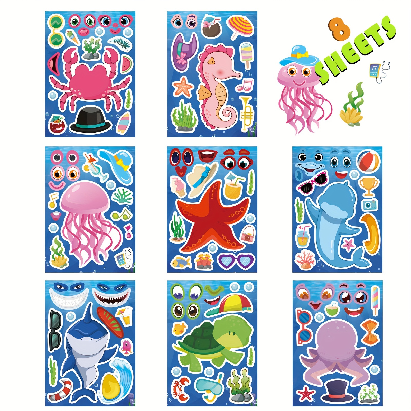 

8pcs/24pcs Make A Face Sea Stickers, Ocean Animals Diy Art Craft Rewards For School Teacher Summer Mermaid Party Favor Stickers For Birthday Gifts Room Ocean Decorated
