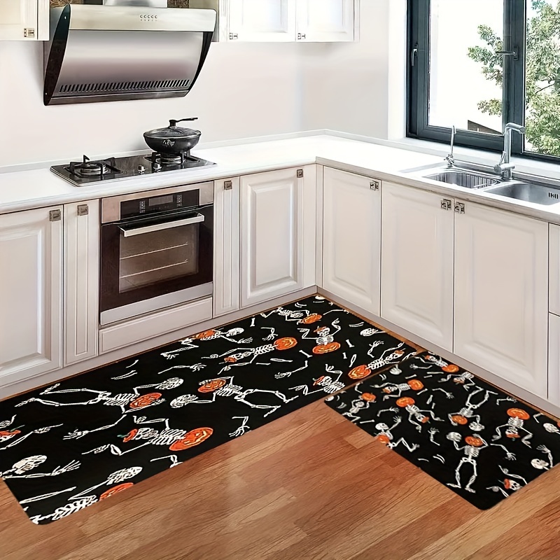 1pc Halloween Skeleton Pattern Kitchen Floor Mat, Black Flannel Material  Soft Rectangle Non-slip Rug For Kitchen Halloween Decoration