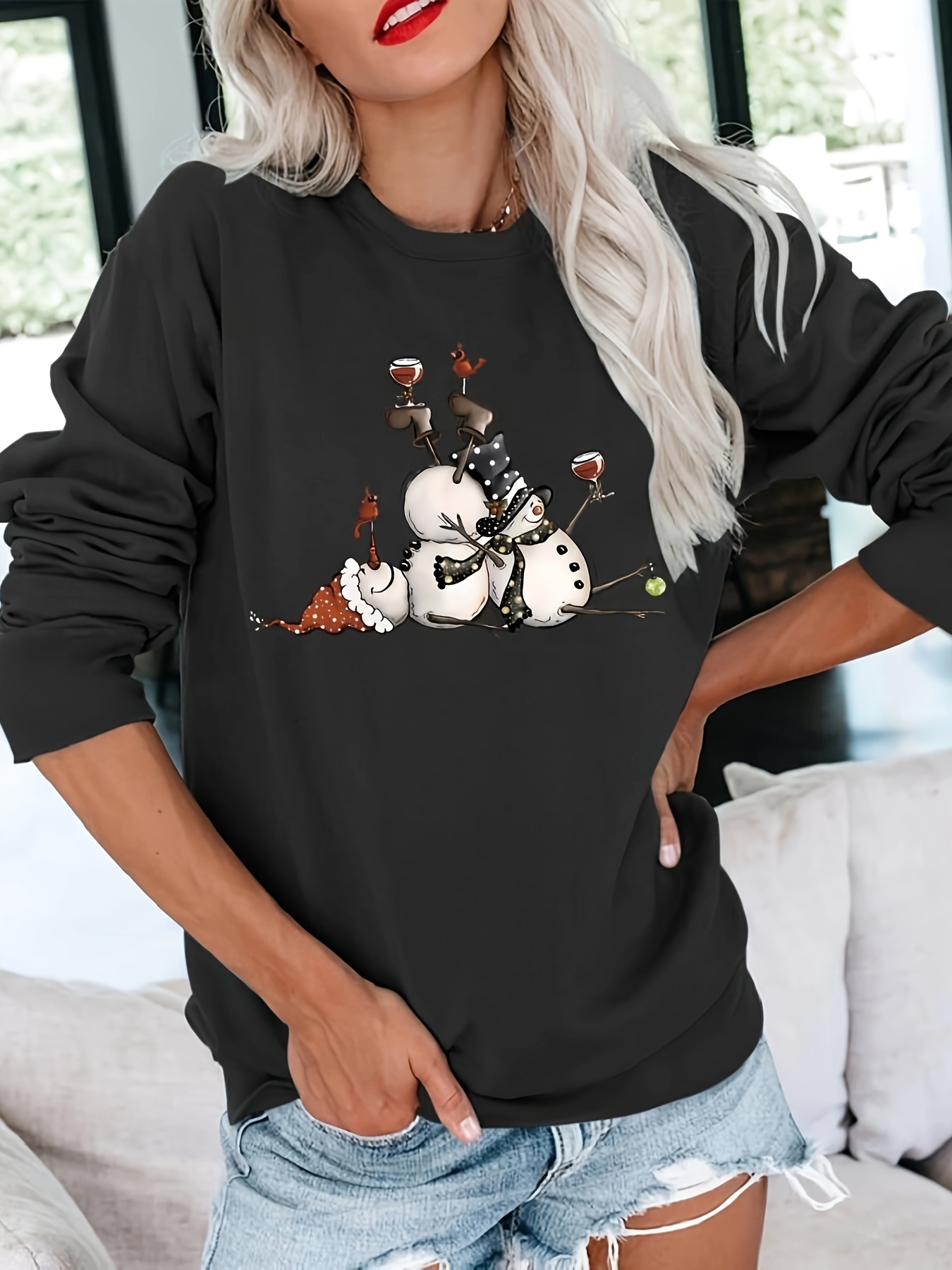 Plus Size Christmas Casual Sweatshirt Women's Plus Snowman - Temu