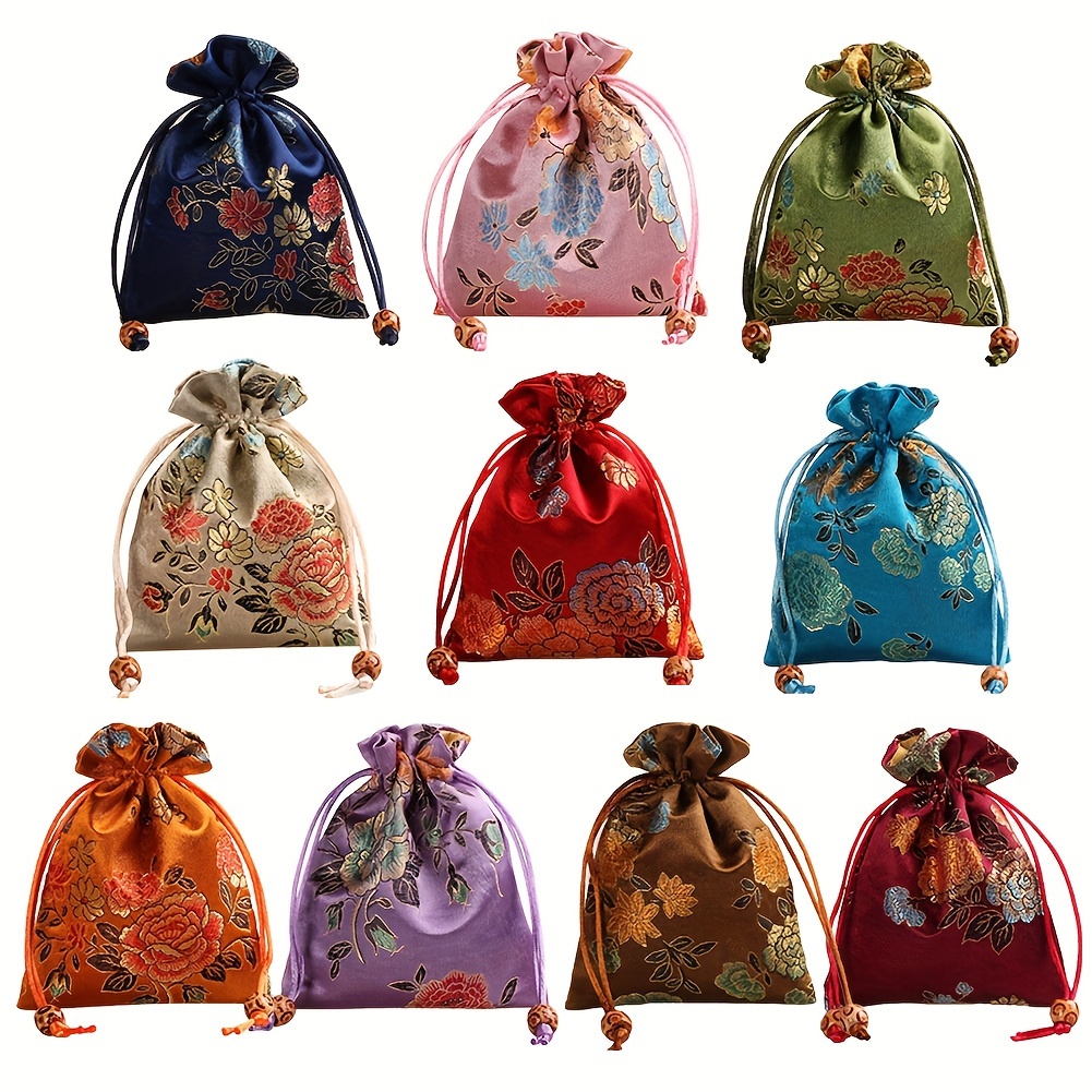 

10pcs Drawstring Gift Bag, Embroidered Jewelry Crystal Pouch Bag Christmas Candy Chocolate Bags Present Package Bag, Home Decor, Christmas Gift, New Year Gift, Gift For Man, Gift For Woman