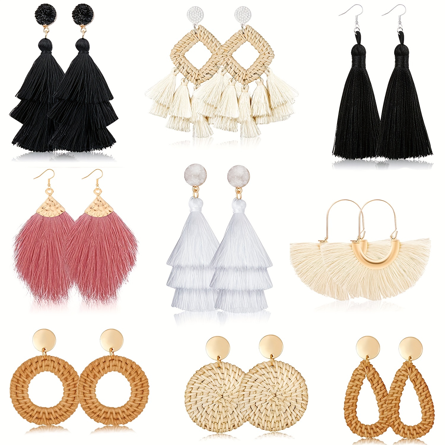 

9 Pairs/set Boho Style Earrings Tassel Dangle Earrings Braided Woven Earrings Handmade Earrings Women's Accessories