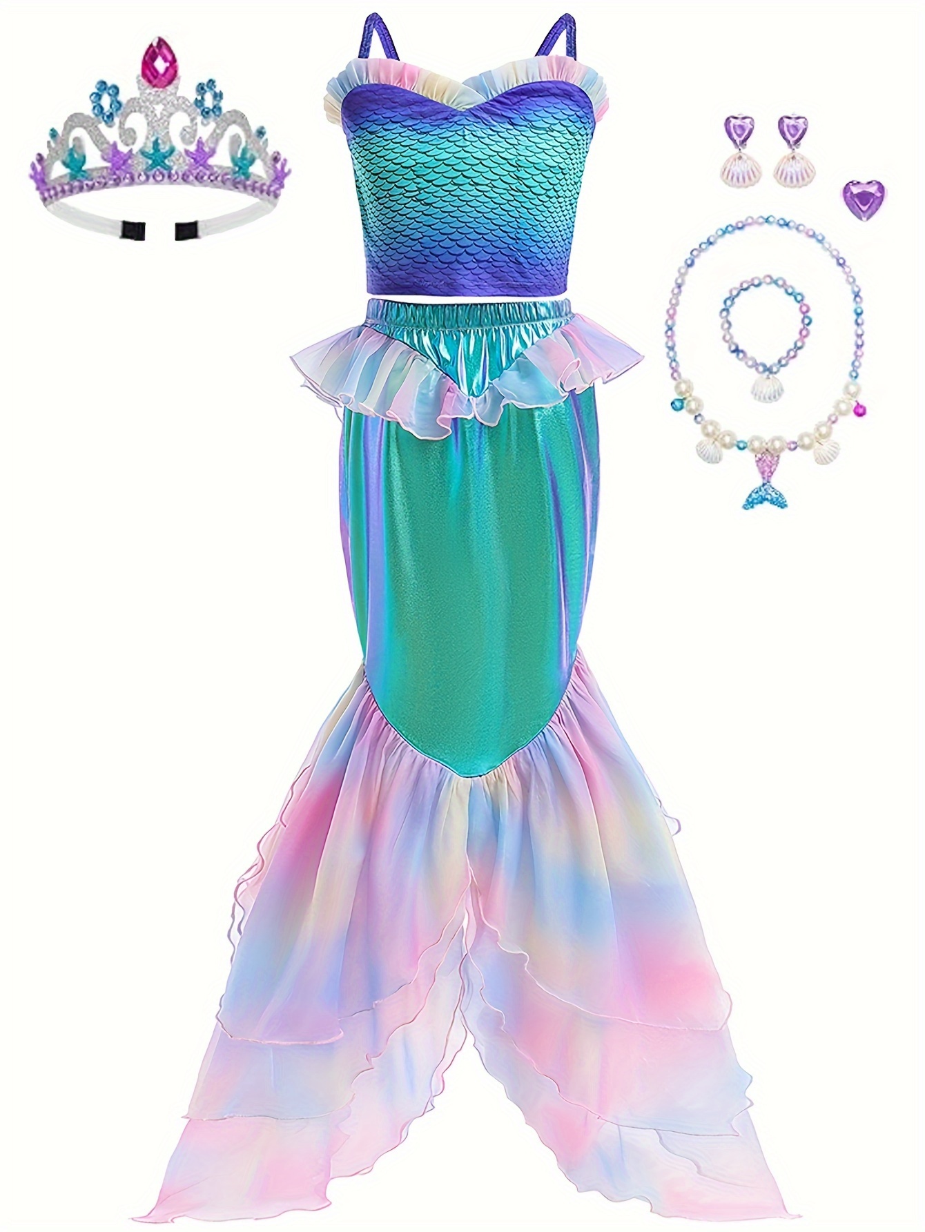 Tradineur - Disfraz de sirena infantil, 100% poliéster, incluye camiseta y  falda, atuendo de carnaval, Halloween, cosplay (Niña