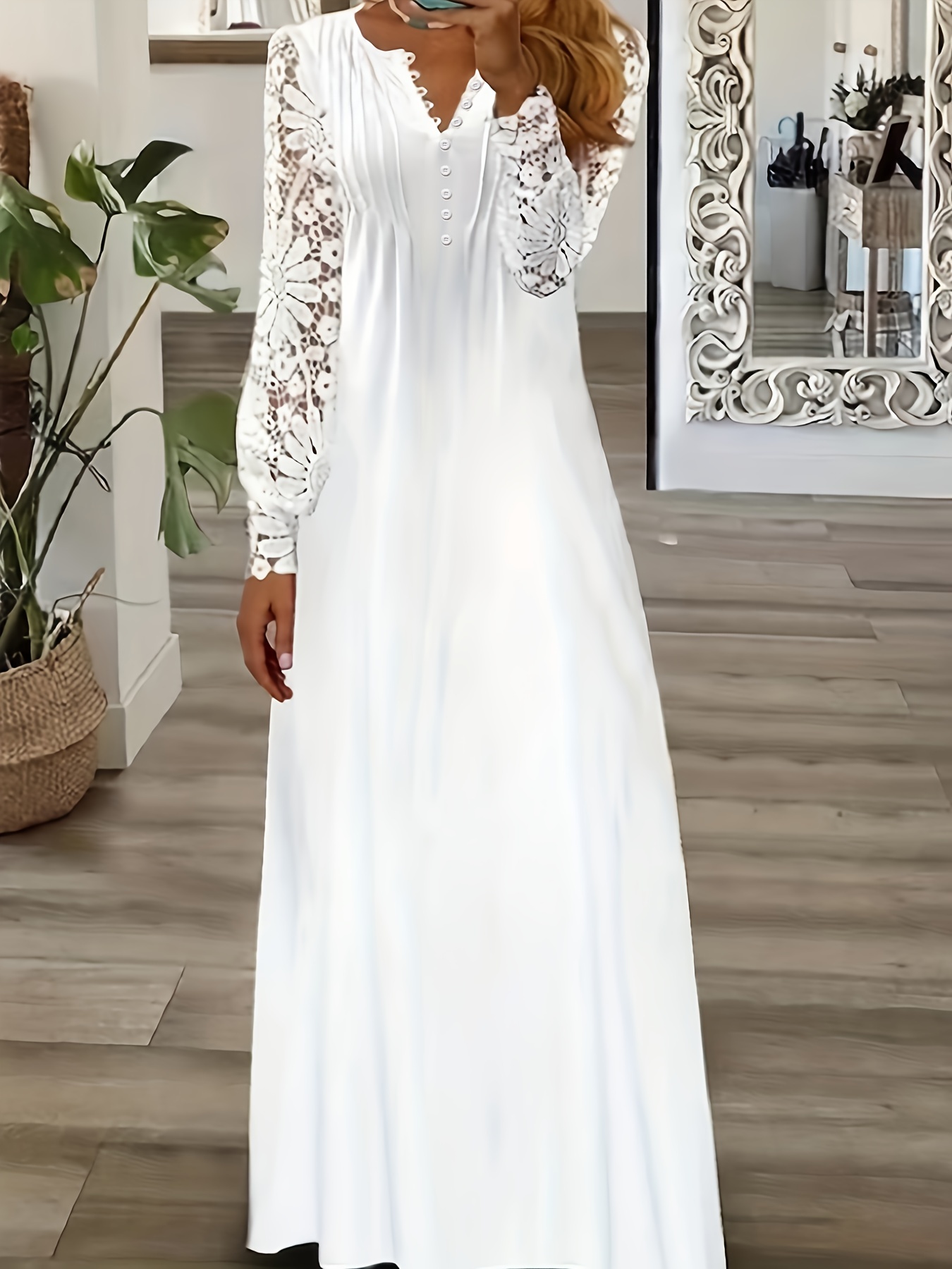 Solid Contrast Lace Party Dress Elegant V Neck 3/4 Sleeve - Temu